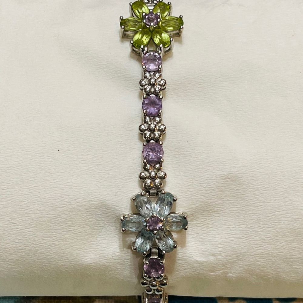 Multi-color gemstone sterling silver bracelet 7”